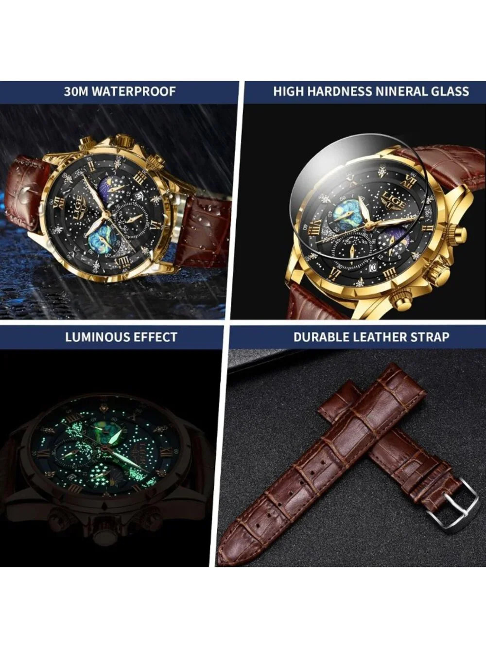 Stylish Waterproof Analog Chronograph Watch for Men - Leather, Luminous, Date